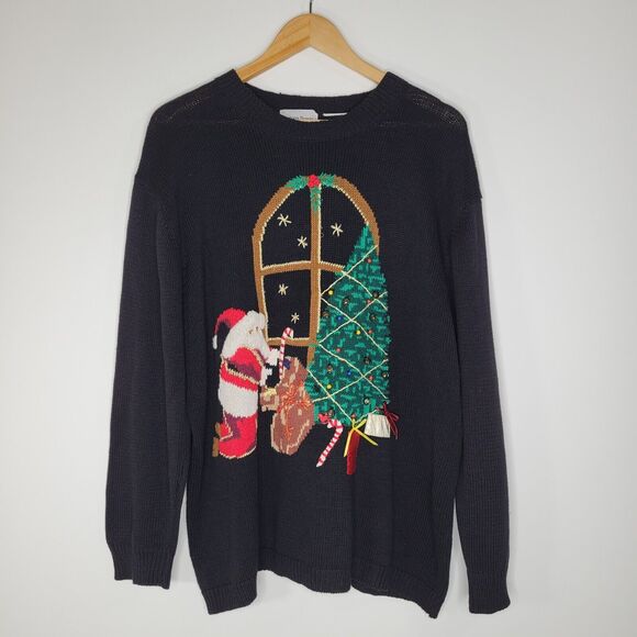 STEPHANIE THOMAS SPORT Christmas Sweater Size XL Santa Bells Embroidered - Picture 1 of 8